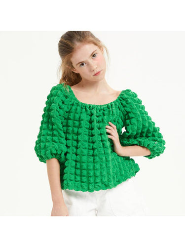 Embossed Bubble Texture Balloon Sleeve Top-Kelly Green