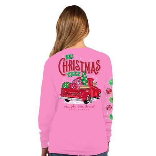 Simply Southern Plus Size Long Sleeve Oh! Christmas Tree T-Shirt for Women in Pink