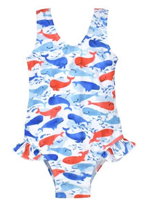 UPF 50 Delaney Hip Ruffle Swimsuit, Splish Splash Whale Blue