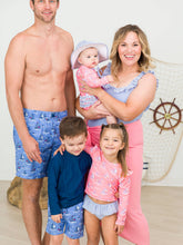 Load image into Gallery viewer, Boys Blue Seas the Day Swim Trunks