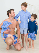 Load image into Gallery viewer, Boys Blue Seas the Day Swim Trunks