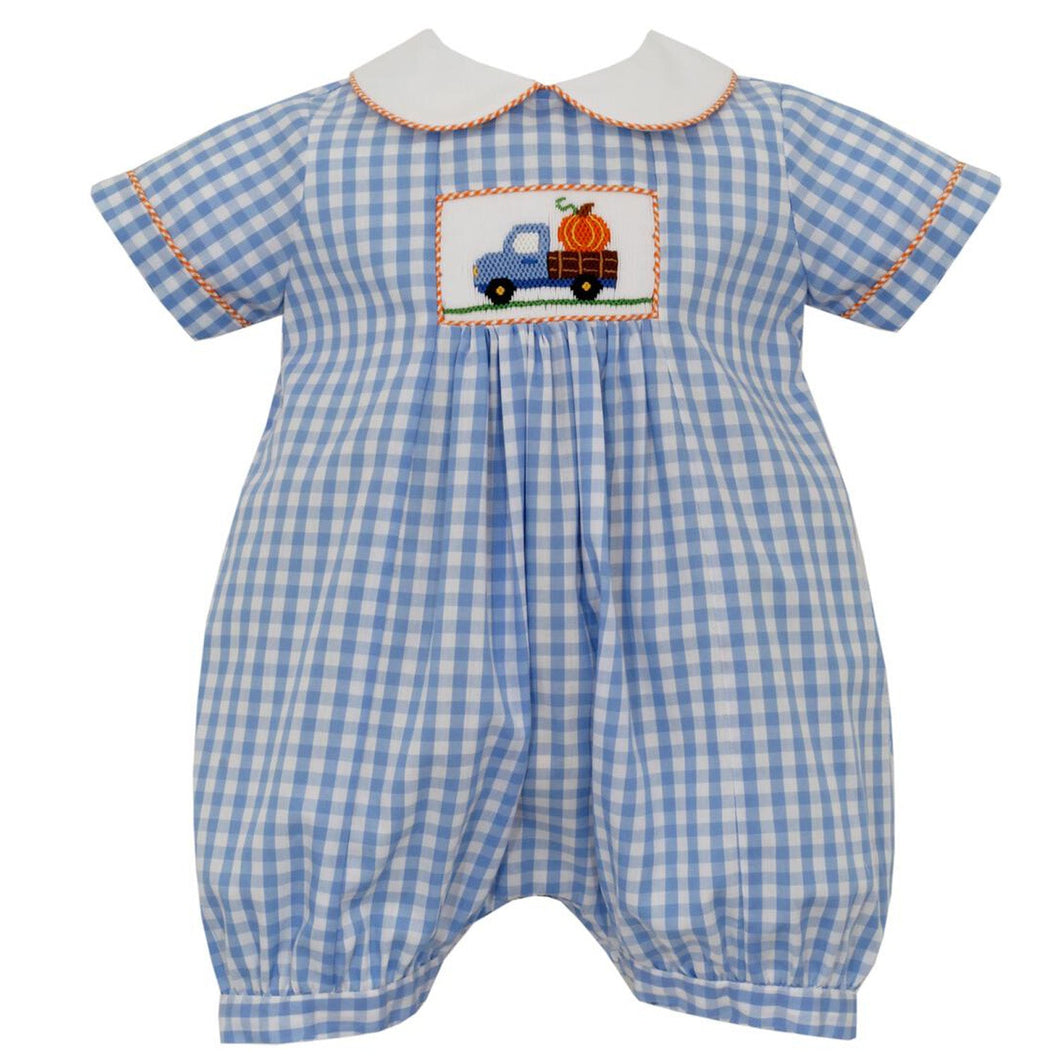 Blue Gingham Short Sleeve Short Romper Truck w/ Pumpkin