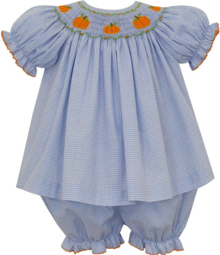 Blue Gingham Pumpkin Girl's Short Sleeve Bishop Bloomer Set