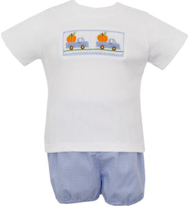 Blue Gingham Truck with Pumpkin Boy's Short Sleeve Diaper Set