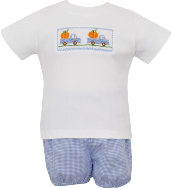 Blue Gingham Truck with Pumpkin Boy's Short Sleeve Diaper Set