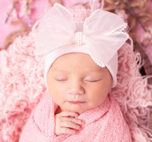 Pink Chiffon Pearl Bow Baby Hat