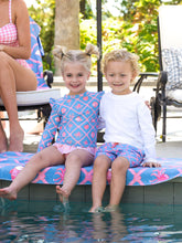 Load image into Gallery viewer, Girls Tropical Trellis Flutter Long Sleeve Rash Guard Skirted 2-Piece Swimsuit