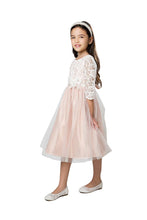 Load image into Gallery viewer, Floral lace 3/4 Sleeve with Satin &amp; Crystal Tulle Blush