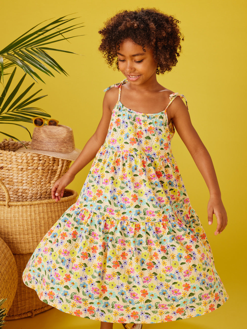 Tie Shoulder Tiered Dress Sketched Wild Cosmo Floral Yellow