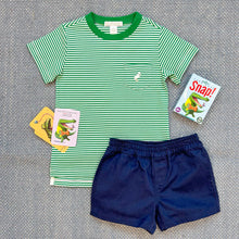 Load image into Gallery viewer, Carter Crewneck Kiawah Kelly Green Stripe with Multicolor Stork