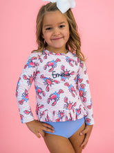 Load image into Gallery viewer, Girls Pink Lobster Lagoon Long Sleeve Rash Guard 2-Piece Swimsuit with Signature Rear Ruffles