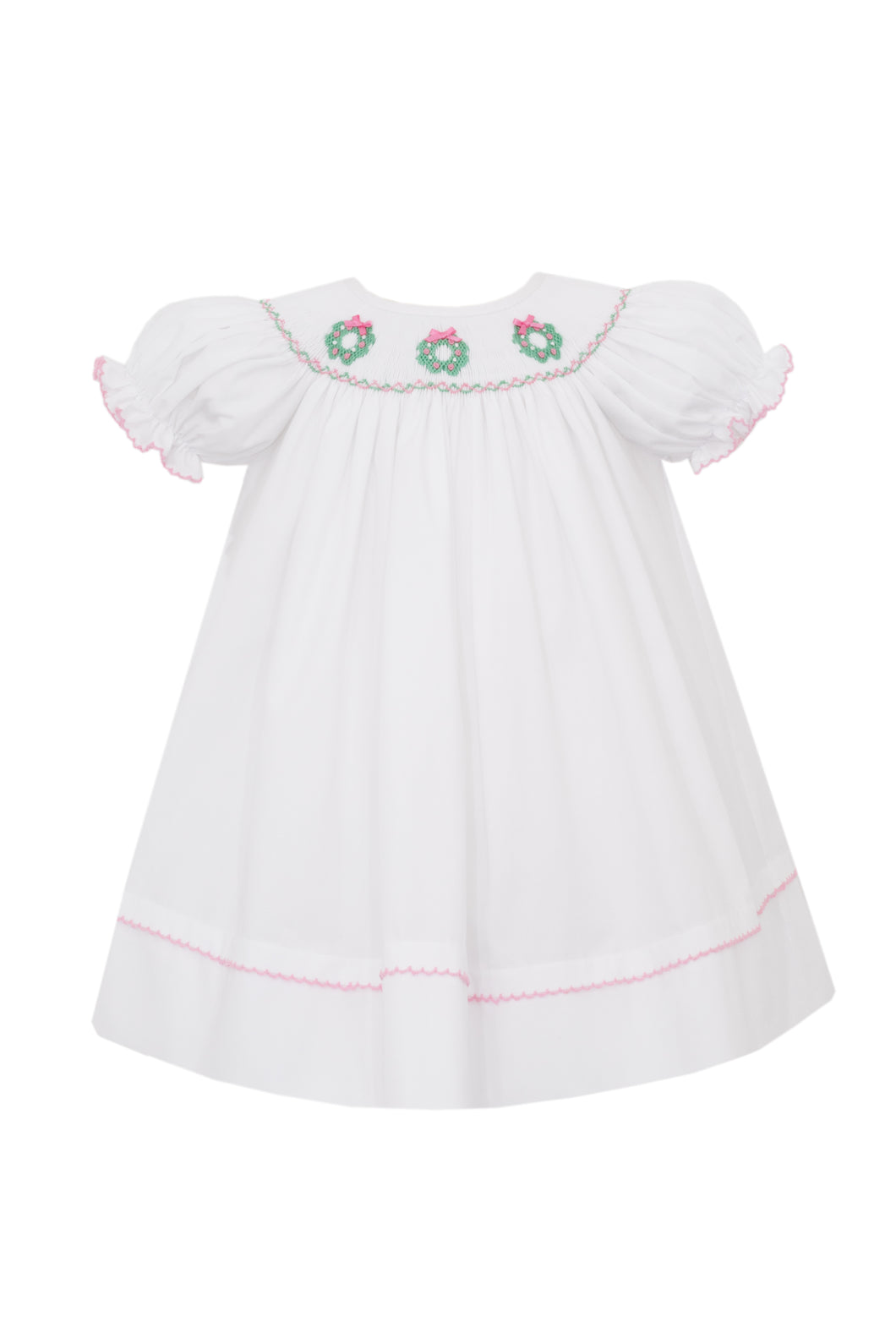 Pink Wreaths White Short Sleeve Bishop Dress