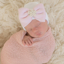 Load image into Gallery viewer, White Beanie &amp; Pink Bow &amp; Rhinestone Pearls