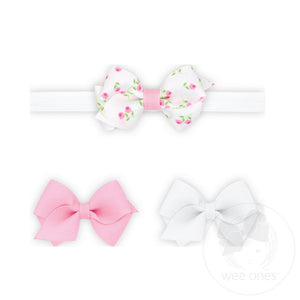Three Grosgrain Hair Bows and One Add-A-Bow Band (Pink/White/White with Flowers)