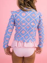 Load image into Gallery viewer, Girls Tropical Trellis Flutter Long Sleeve Rash Guard Skirted 2-Piece Swimsuit