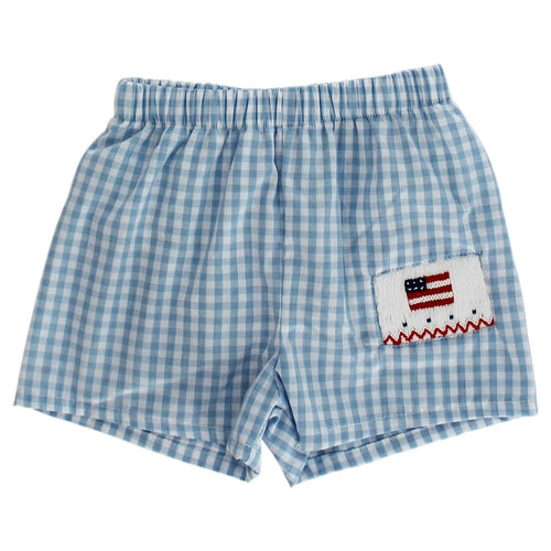 Blue Check Shorts with Flag