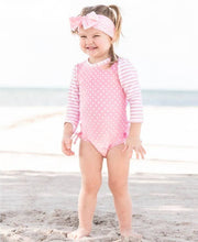 Load image into Gallery viewer, Baby Girls Pink Polka Dot Long Sleeve One Piece Rash Guard Swimsuit with Signature Rear Ruffles