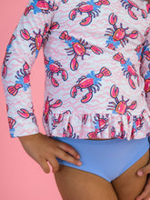 Load image into Gallery viewer, Girls Pink Lobster Lagoon Long Sleeve Rash Guard 2-Piece Swimsuit with Signature Rear Ruffles