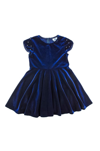 Stretch Velvet Navy Blue Dress with Pearls on Sleeves