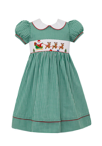 Santa Sleigh Girl's Dress in Green Gingham