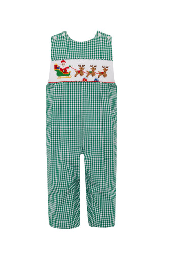 Santa Sleigh Boy's Long Jon Jon in Green Gingham