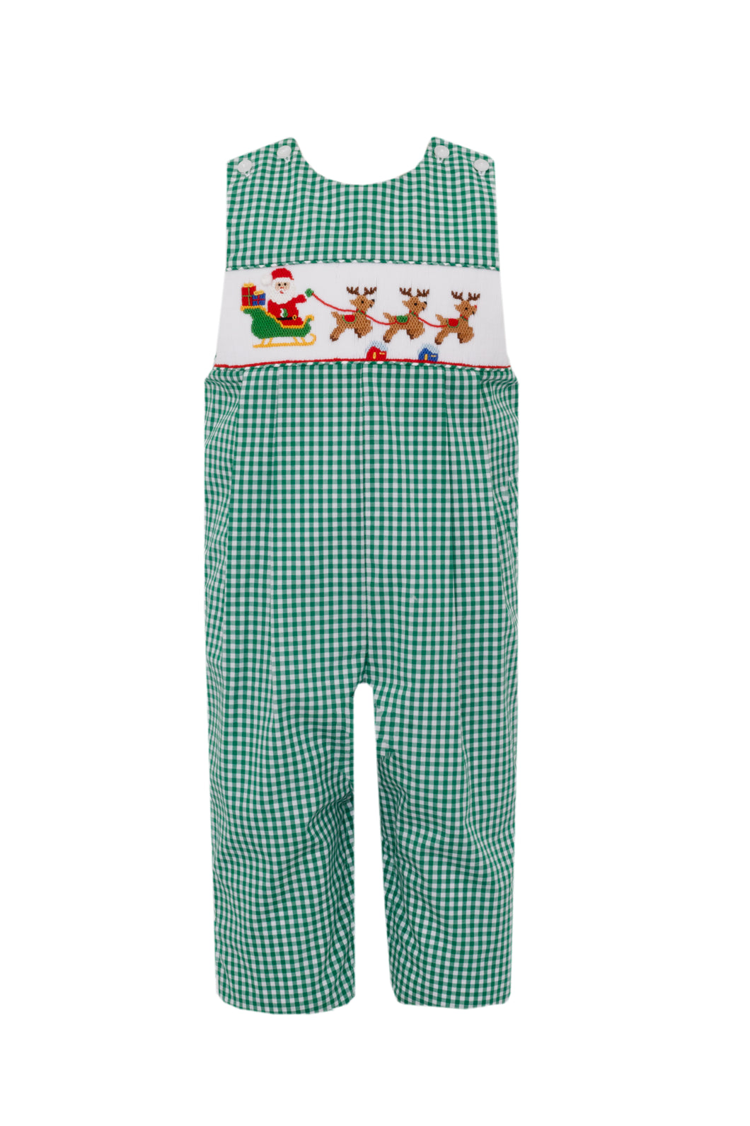 Santa Sleigh Boy's Long Jon Jon in Green Gingham