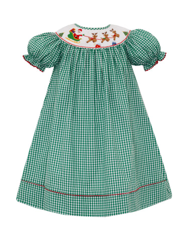 Santa Sleigh Girl's Bishop in Green Gingham