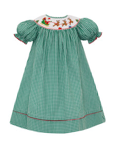 Santa Sleigh Girl's Bishop in Green Gingham
