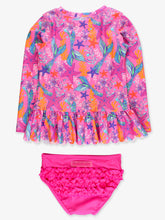 Load image into Gallery viewer, Girls Neon Shimmer Mermaid Scallop Hem Long Sleeve Rash Guard 2-Piece Swimsuit with Signature Rear Ruffles