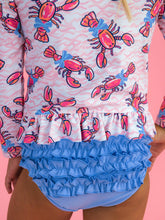 Load image into Gallery viewer, Girls Pink Lobster Lagoon Long Sleeve Rash Guard 2-Piece Swimsuit with Signature Rear Ruffles