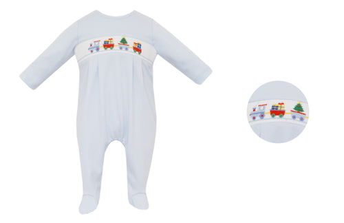 X'mas Train Long Sleeve Boy's Footie in Light Blue