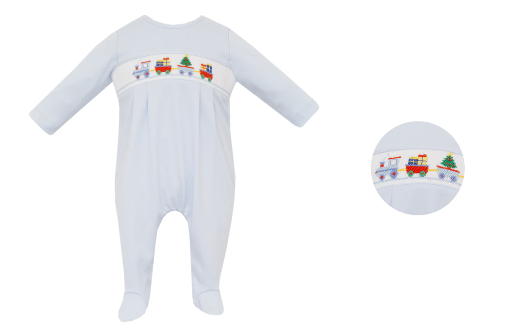 X'mas Train Long Sleeve Boy's Footie in Light Blue