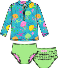 Load image into Gallery viewer, Girls Neon Jelly Time Long Sleeve Zipper Rash Guard 2-Piece Swimsuit with Signature Rear Ruffles
