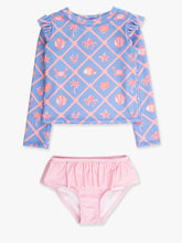 Load image into Gallery viewer, Girls Tropical Trellis Flutter Long Sleeve Rash Guard Skirted 2-Piece Swimsuit