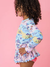 Load image into Gallery viewer, Girls Beach Day Scallop Hem Long Sleeve Rash Guard 2-Piece Swimsuit with Signature Rear Ruffles