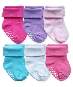 Non-Skid Turn Cuff Socks Pink Multi 6 Pack