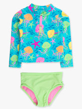 Load image into Gallery viewer, Girls Neon Jelly Time Long Sleeve Zipper Rash Guard 2-Piece Swimsuit with Signature Rear Ruffles
