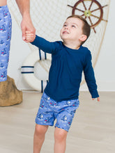 Load image into Gallery viewer, Boys Blue Seas the Day Swim Trunks