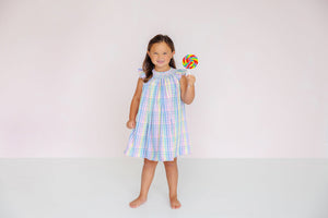 Angel Sleeve Sandy Smocked Dress Colored Pens Plaid With Worth Avenue White