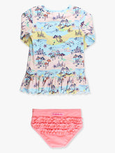 Load image into Gallery viewer, Girls Beach Day Scallop Hem Long Sleeve Rash Guard 2-Piece Swimsuit with Signature Rear Ruffles