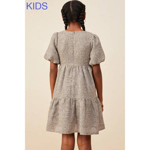 Girls Square Neck Textured Knit Sleeve Dress