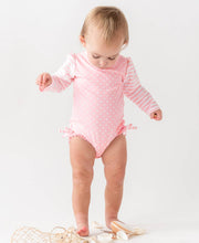 Load image into Gallery viewer, Baby Girls Pink Polka Dot Long Sleeve One Piece Rash Guard Swimsuit with Signature Rear Ruffles