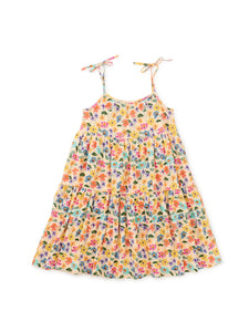 Tie Shoulder Tiered Dress Sketched Wild Cosmo Floral Yellow
