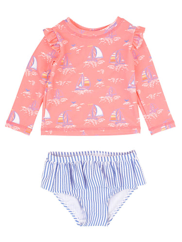 Girls Pink Seas the Day Skirted Flutter Long Sleeve Rash Guard Bikini