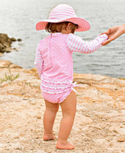 Load image into Gallery viewer, Baby Girls Pink Polka Dot Long Sleeve One Piece Rash Guard Swimsuit with Signature Rear Ruffles