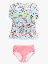 Load image into Gallery viewer, Girls Beach Day Scallop Hem Long Sleeve Rash Guard 2-Piece Swimsuit with Signature Rear Ruffles