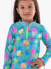 Load image into Gallery viewer, Girls Neon Jelly Time Long Sleeve Zipper Rash Guard 2-Piece Swimsuit with Signature Rear Ruffles