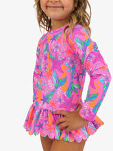 Load image into Gallery viewer, Girls Neon Shimmer Mermaid Scallop Hem Long Sleeve Rash Guard 2-Piece Swimsuit with Signature Rear Ruffles