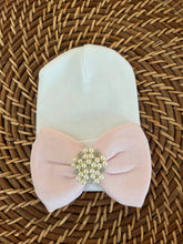 Load image into Gallery viewer, White Beanie &amp; Pink Bow &amp; Rhinestone Pearls