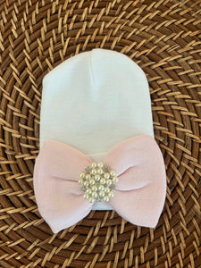 White Beanie & Pink Bow & Rhinestone Pearls